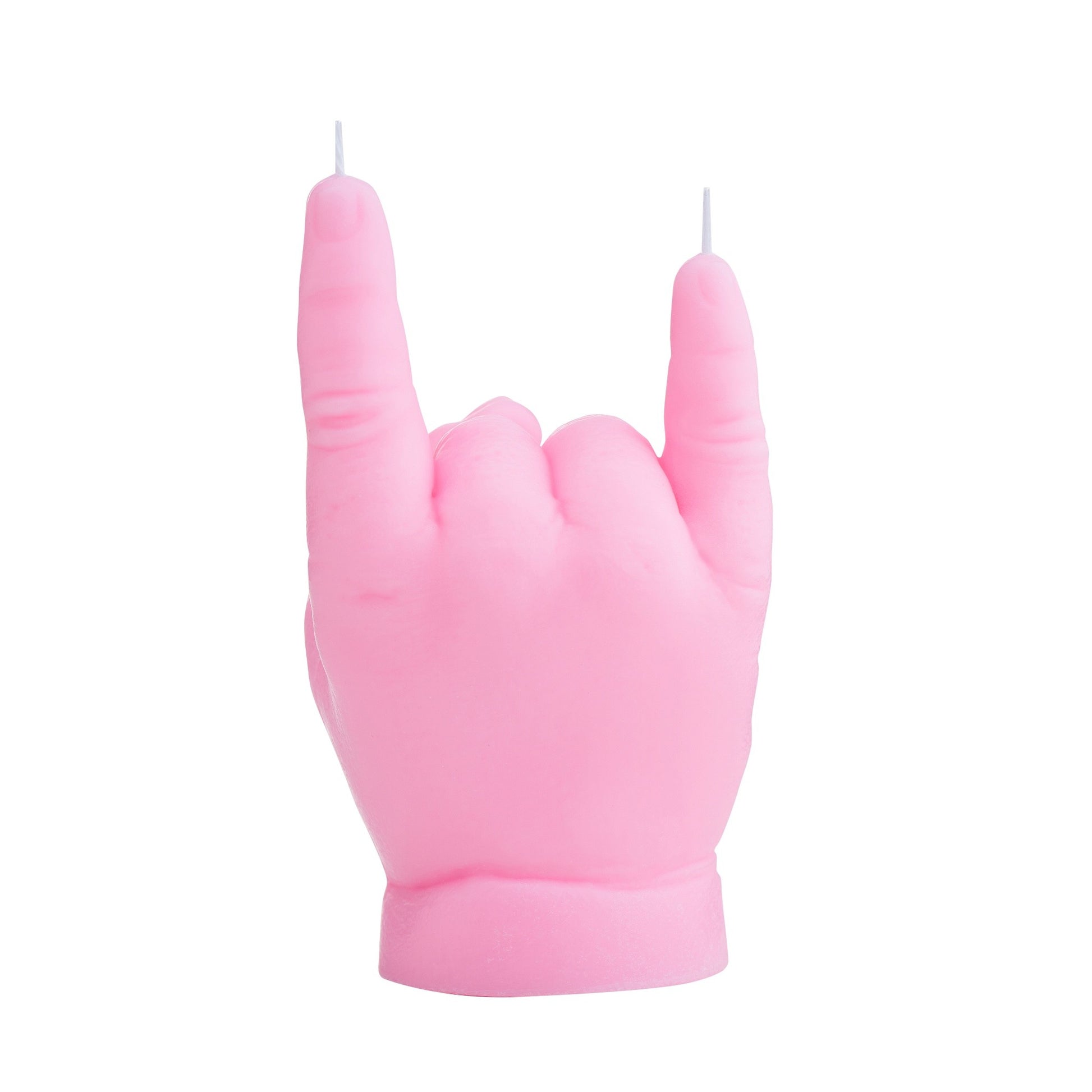 Levensechte babyhand rock horns kaars — brutaal cadeau voor kraamvisite of babyshower.
