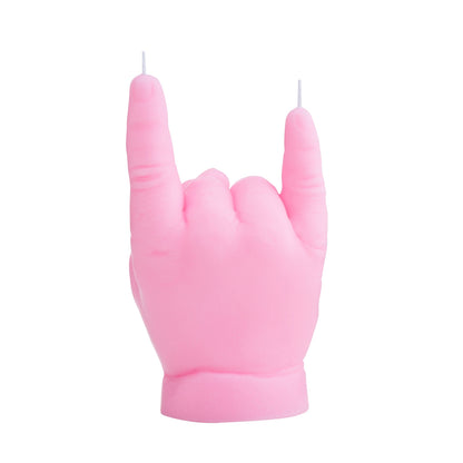 Levensechte babyhand rock horns kaars — brutaal cadeau voor kraamvisite of babyshower.