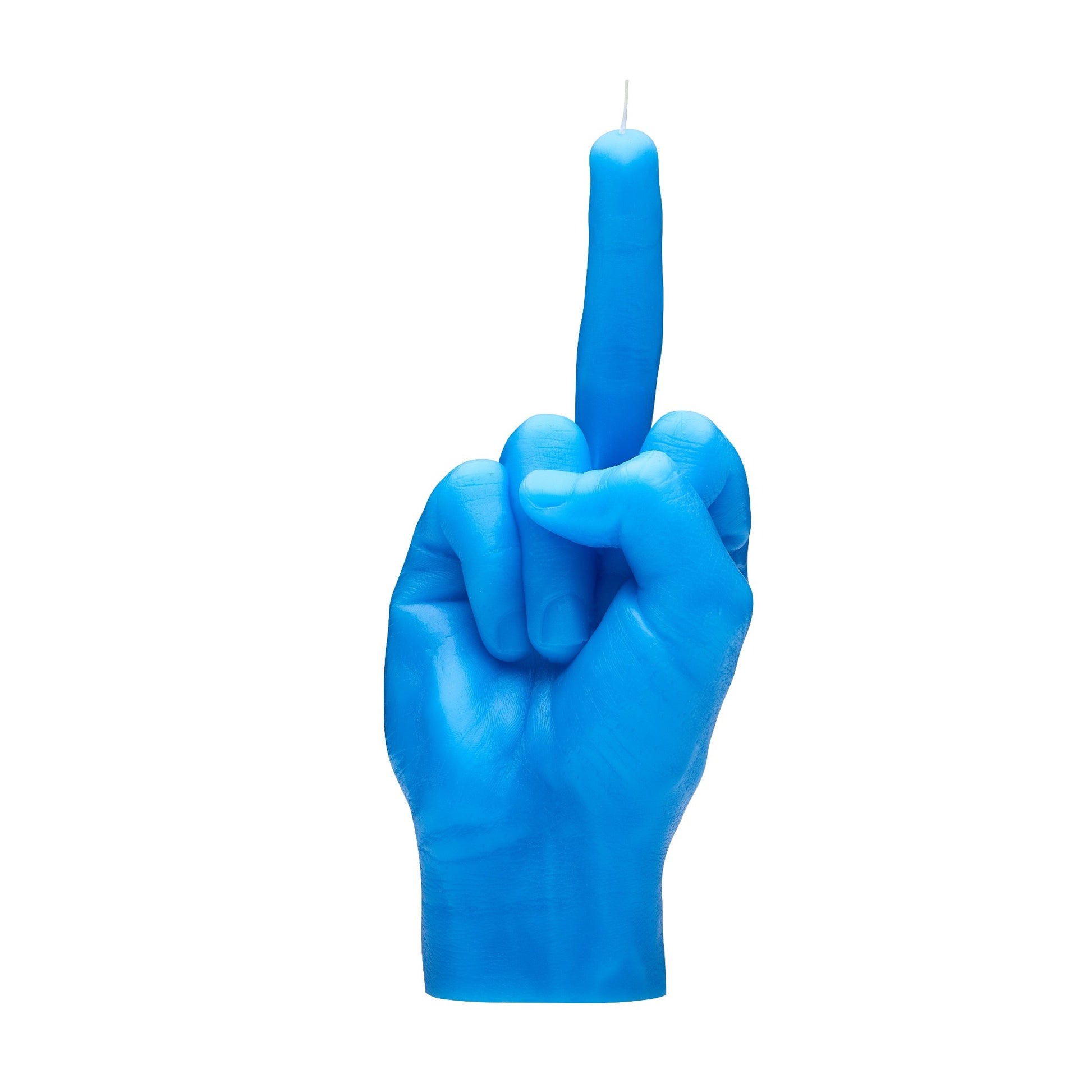 Levensechte middelvinger kaars blue — handgemaakt statement piece voor interieur en feestjes.