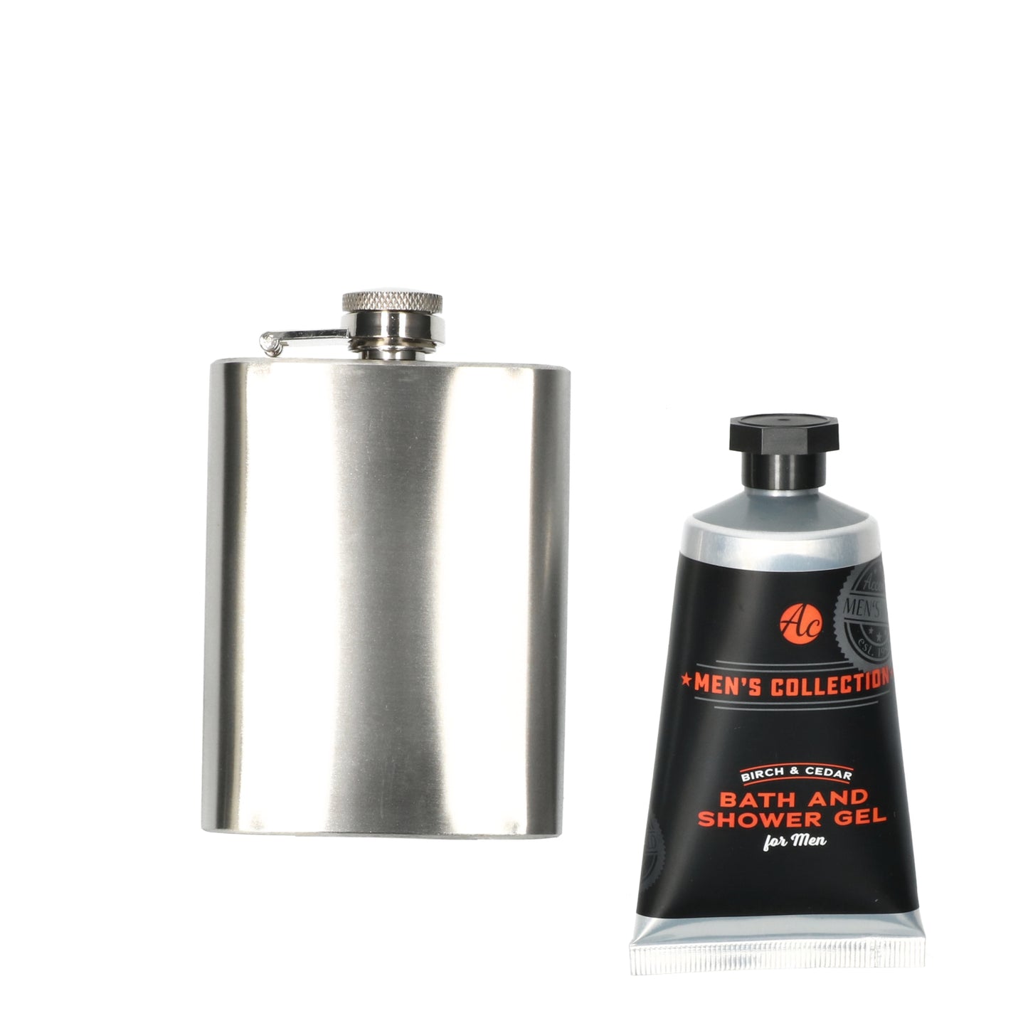 Luxe cadeauset voor mannen -RVS heupfles en tube Bath & Shower Gel in houtachtige Birch & Cedar geur - ideaal voor Vaderdag.