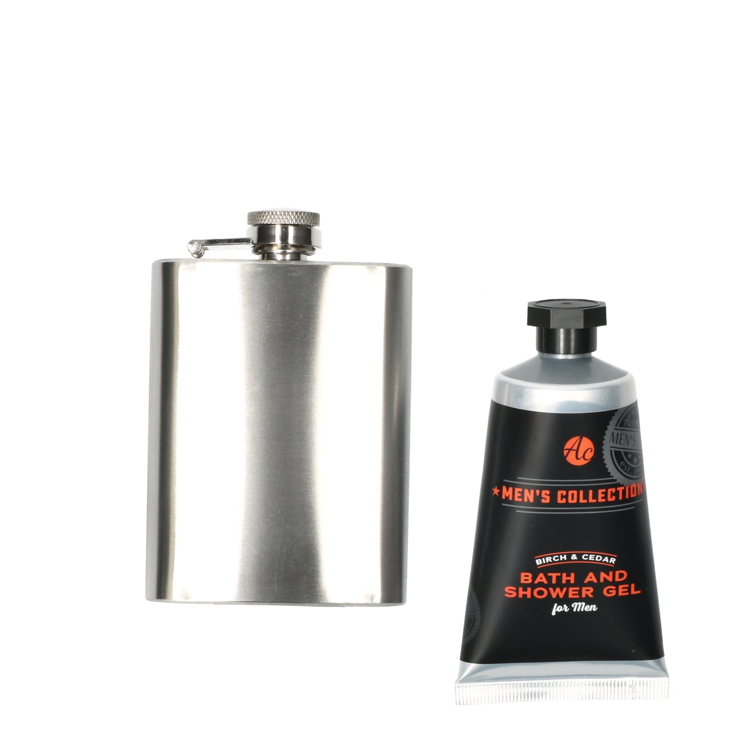 Luxe cadeauset voor mannen -RVS heupfles en tube Bath & Shower Gel in houtachtige Birch & Cedar geur - ideaal voor Vaderdag.