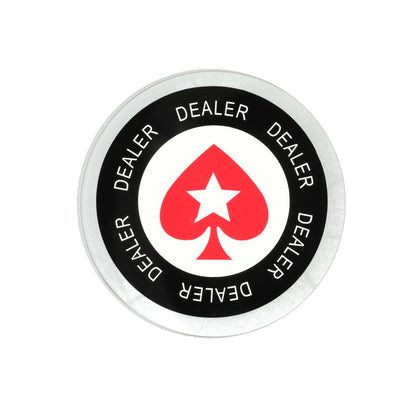 Luxe dealer button zwart‑wit met rood hart symbool — ideaal voor thuis pokertoernooien en casino games.