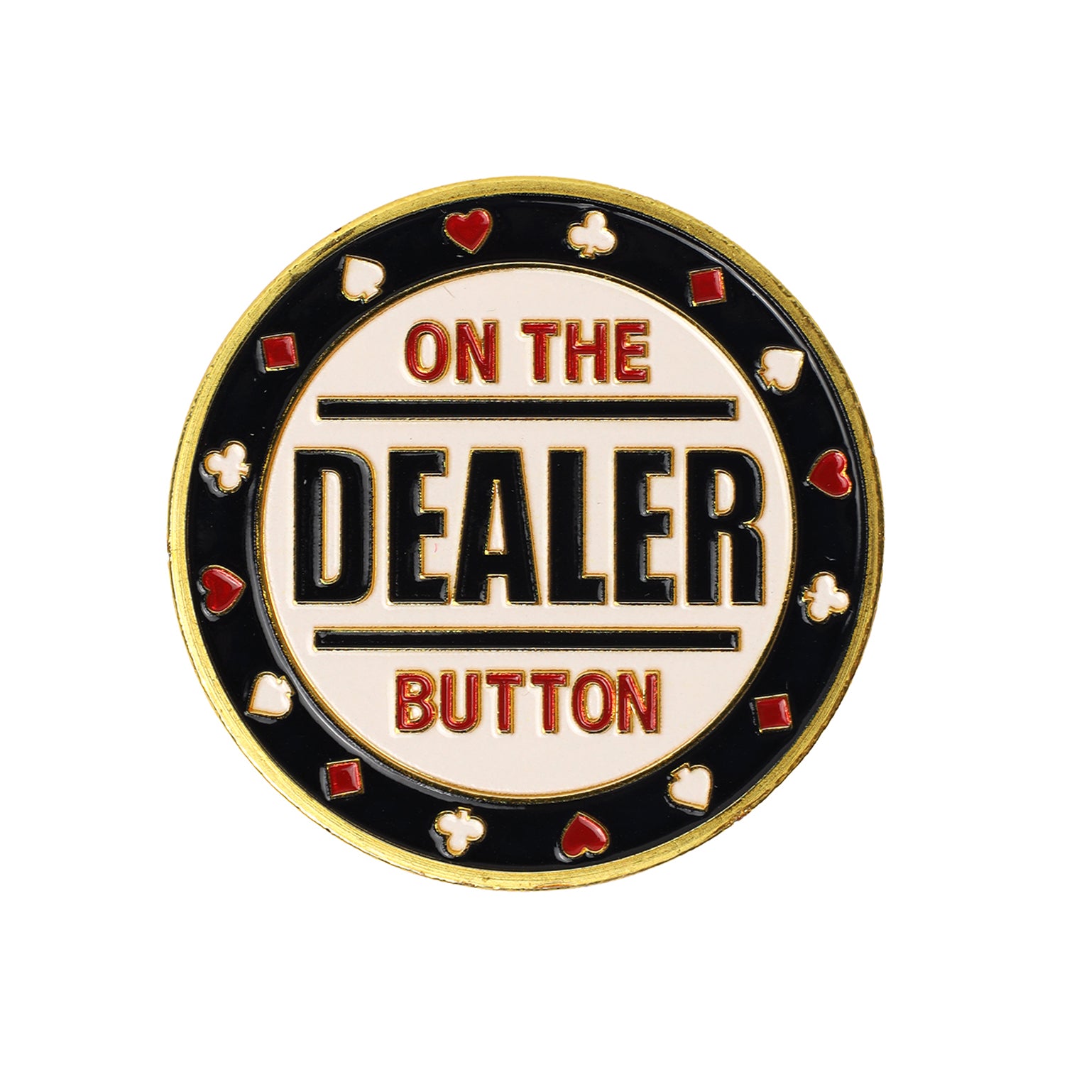 Luxe metalen pokerbuttons — dealer, small blind en big blind in één set.