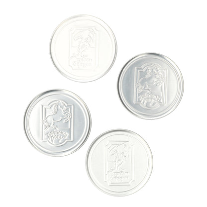 Metal LOTR drinkonderzettersset van 4 - stijlvolle tafel bescherming met iconische Tolkien symbolen en anti-slip kurk.