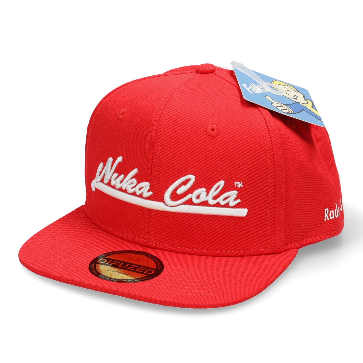 Nuka Cola pet met witte 3D borduring. Rood 100% katoen en officiele Fallout 4 cap met verstelbare snapback.