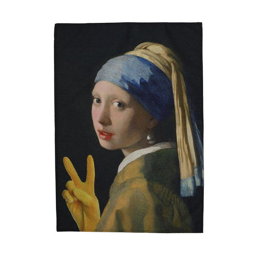 Originele cadeau theedoek — Meisje met de gele handschoen, ideaal voor afwassen met een glimlach.
