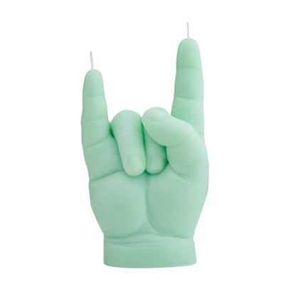 Originele design kaars babyhand — rock horns gebaar in schattige pastelkleuren.