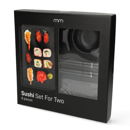 Professionele sushiset voor 2 met leisteen serveerplanken en accessoires. Perfect voor gifts en foodfotografie.