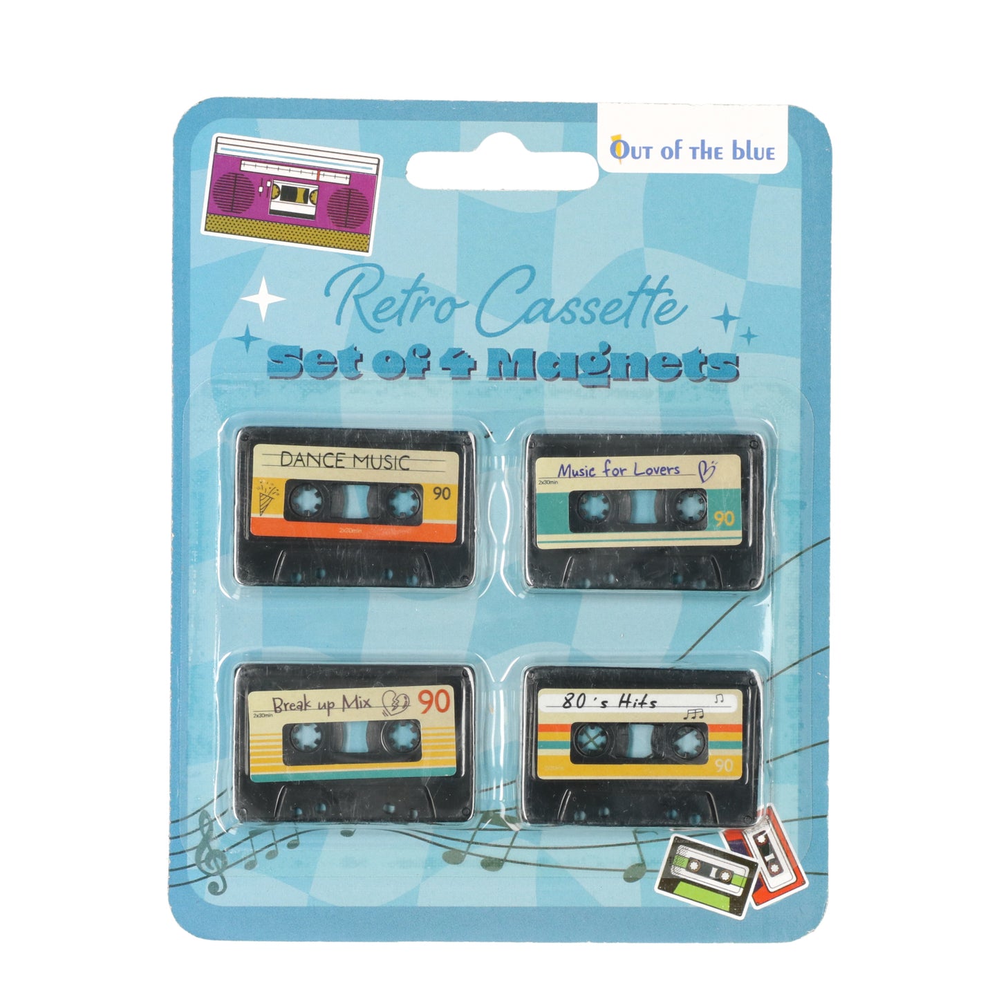 Retro cassette magneet — originele koelkastmagneet in vorm van cassettebandje voor muziekliefhebbers.