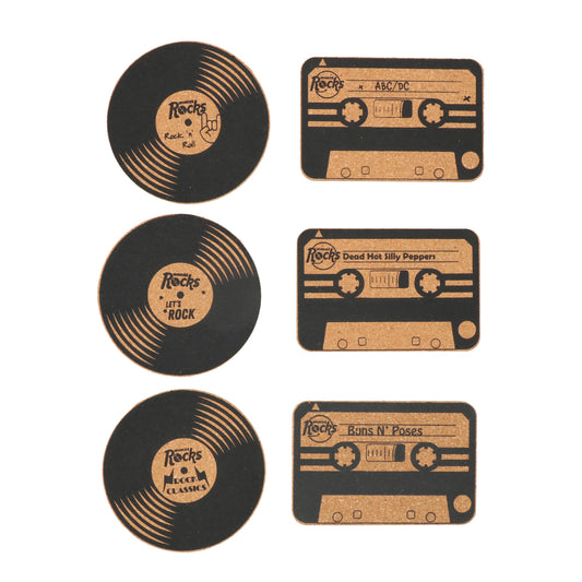Retro muziek ontwerp kurken onderzettersset van 6 novelty coasters - perfect voor themafeesten, cadeaus en dagelijks gebruik.