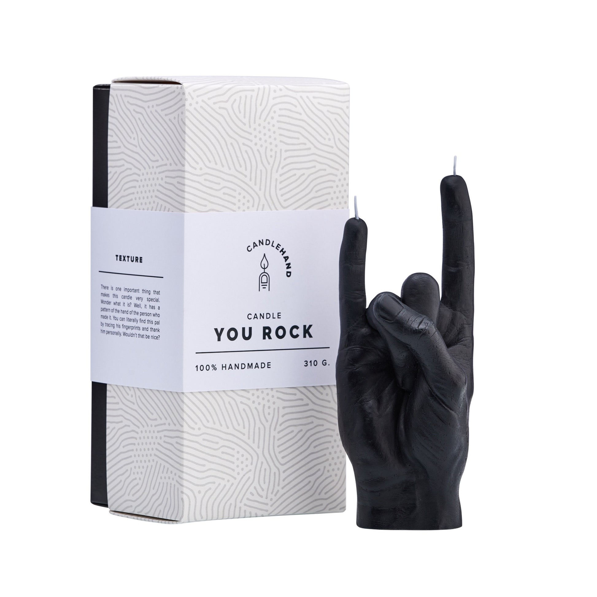 Rock & roll kaars in handvorm — origineel interieur item voor muziekliefhebbers.