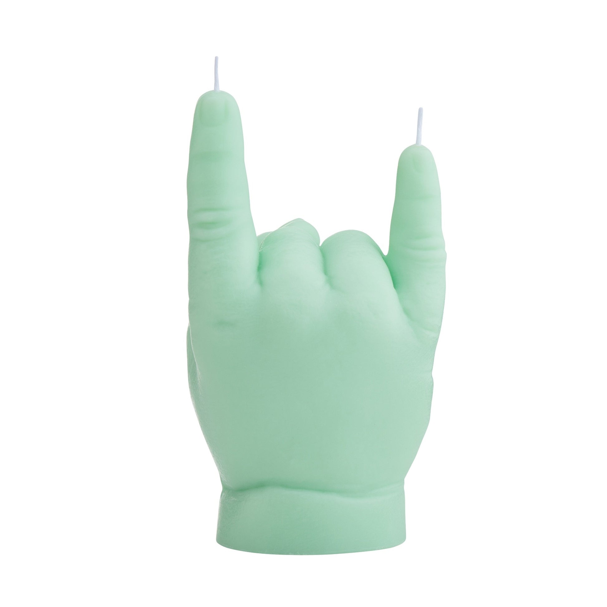 Rock baby kaars — grappige handgemaakte kaars met rock horns gebaar, uniek woonaccessoire.