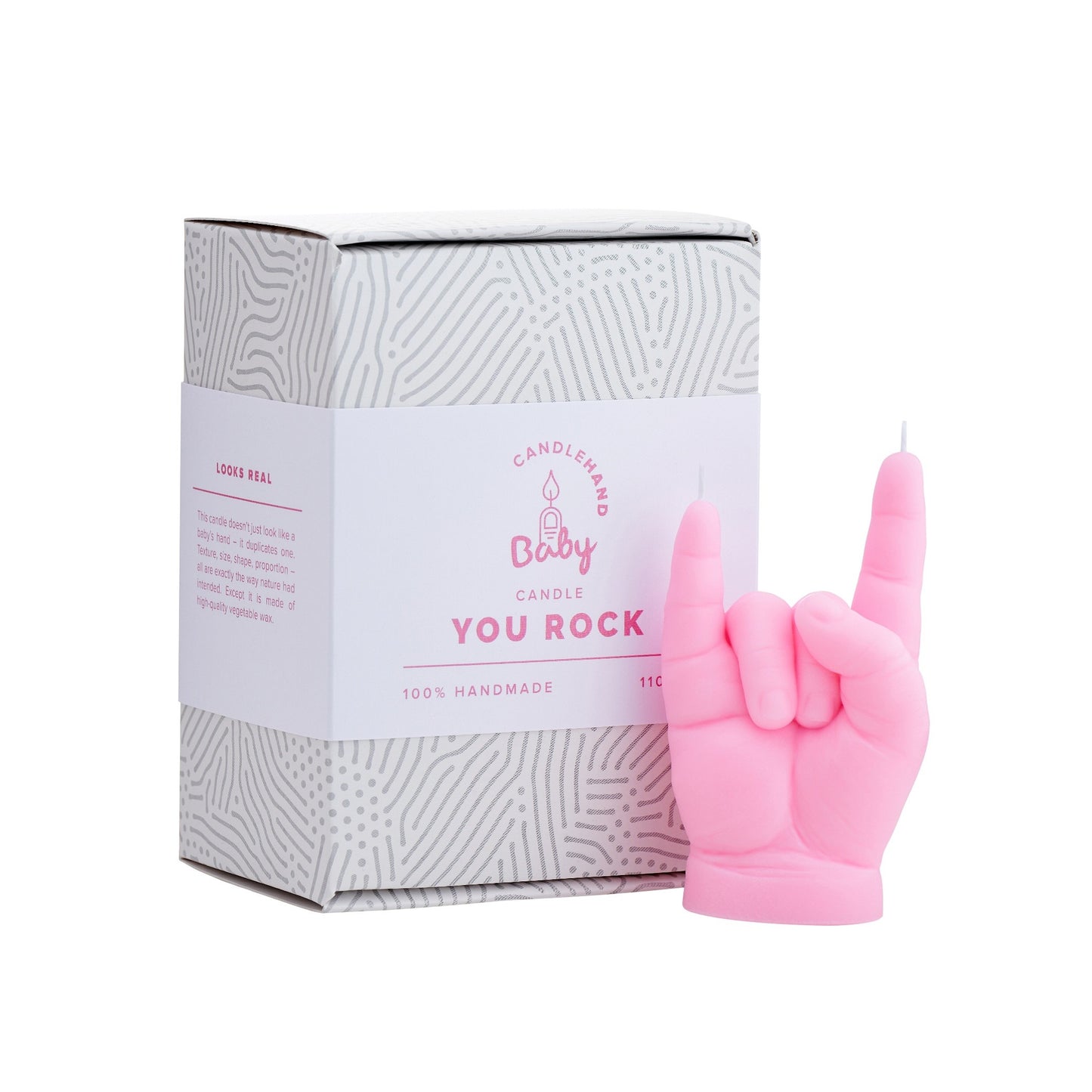 Schattig en stoer tegelijk — babyhand rock horns kaars als unieke woondecoratie.