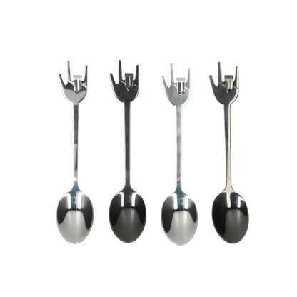 Set van 4 roestvrijstalen rock-hand koffielepels - grote lepels met rock-horns symbool, ideaal voor koffie, yoghurt en ontbijt.