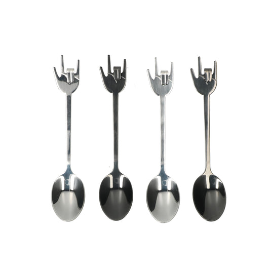 Set van 4 roestvrijstalen rock-hand koffielepels - grote lepels met rock-horns symbool, ideaal voor koffie, yoghurt en ontbijt.