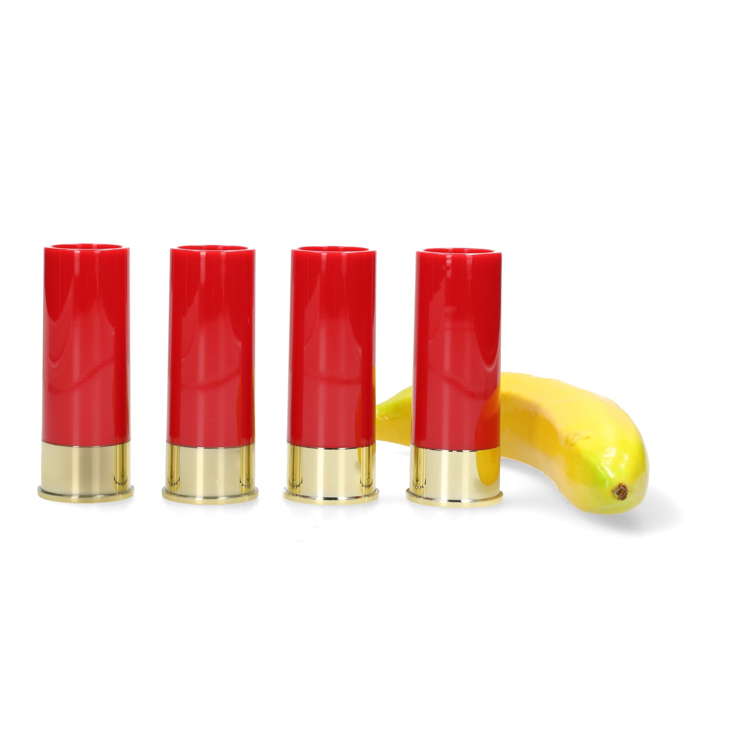 Shotglaasjesset 4x in rode patronen vorm met goudkleurigebodem - originele partyshots voor feest en bar.