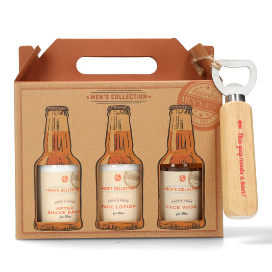 Six-pack mannenverzorging in kraftbox - travel size verzorgingsset inclusief after shavebalsem -bodywash -facelotion -shampoo - facewash en handlotion - perfect als cadeau.