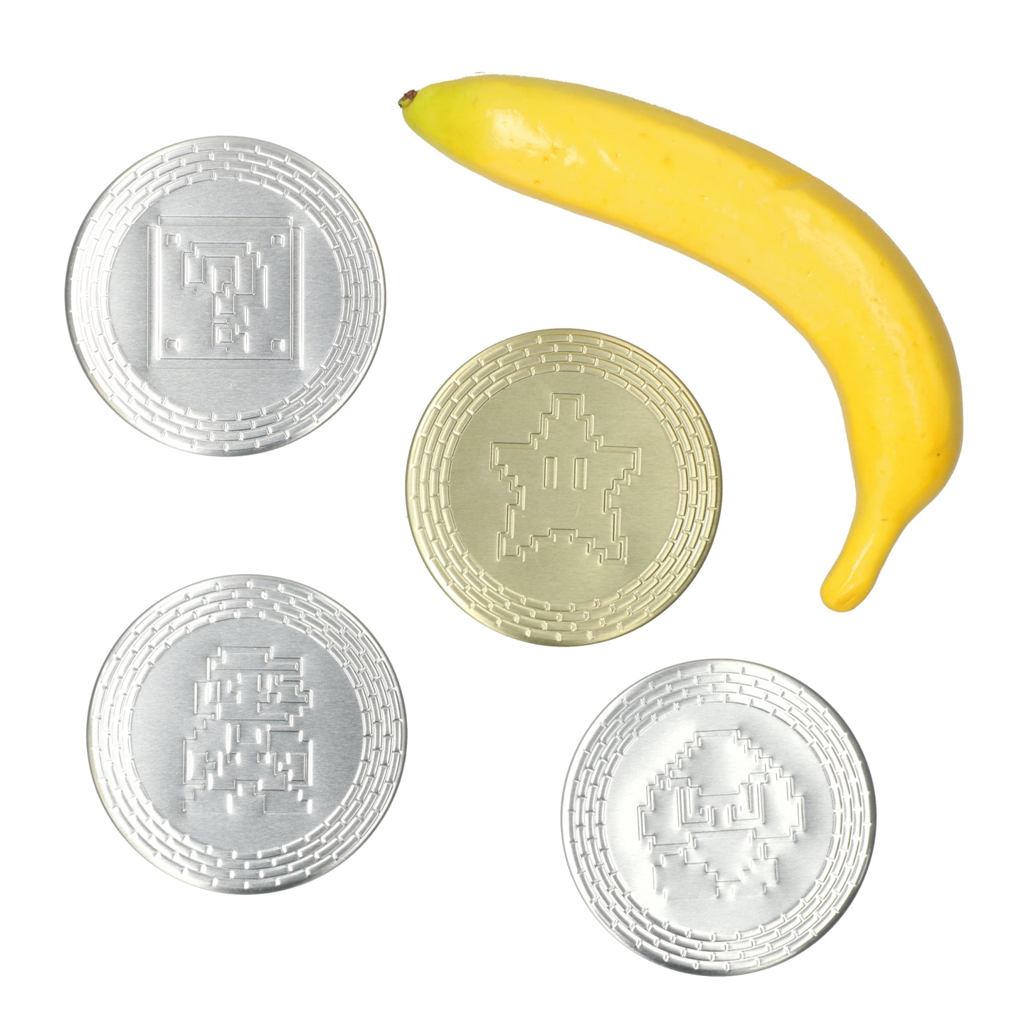 Super Mario coasters 4-pack - metalen bovenkant met pixel munten en kurkbodem - ideaal voor game avonden en collectors.