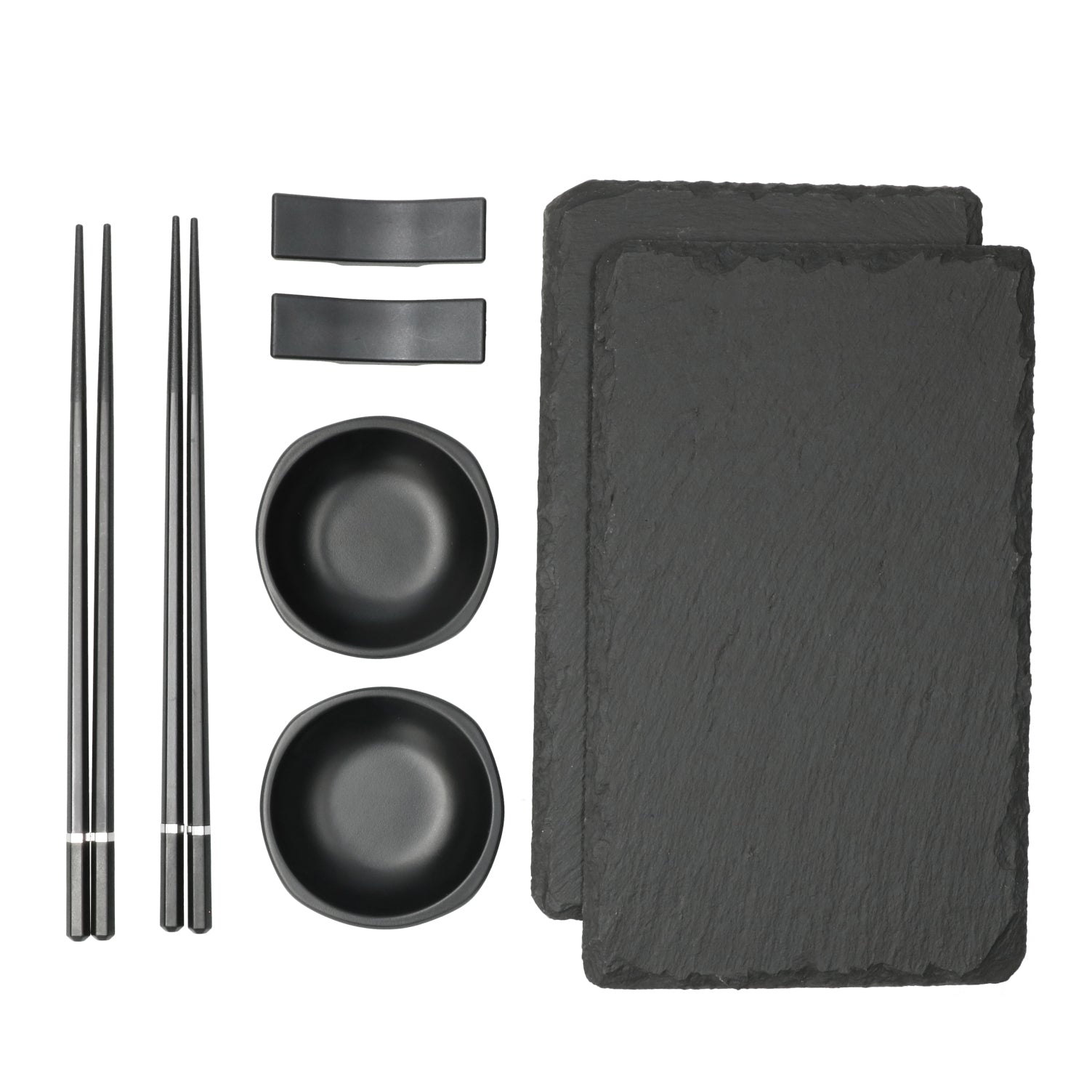 Sushi set voor 2 - hoogwaardige serveerset met echt leisteen plank, 2 chopsticks en 2 sojasaus kommen.