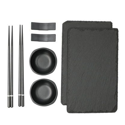 Sushi set voor 2 - hoogwaardige serveerset met echt leisteen plank, 2 chopsticks en 2 sojasaus kommen.