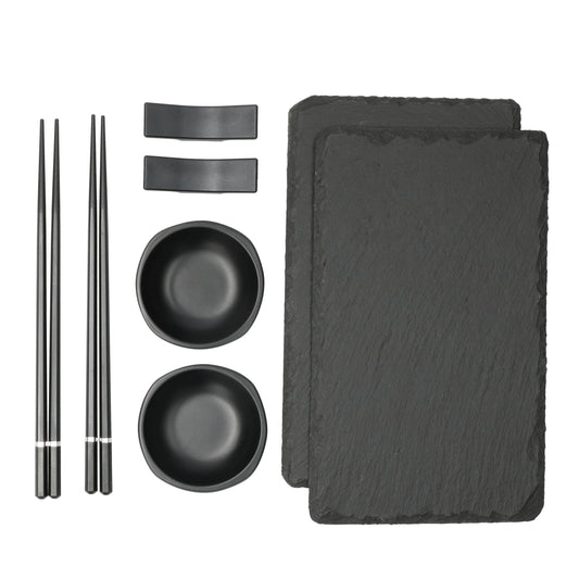 Sushi set voor 2 - hoogwaardige serveerset met echt leisteen plank, 2 chopsticks en 2 sojasaus kommen.