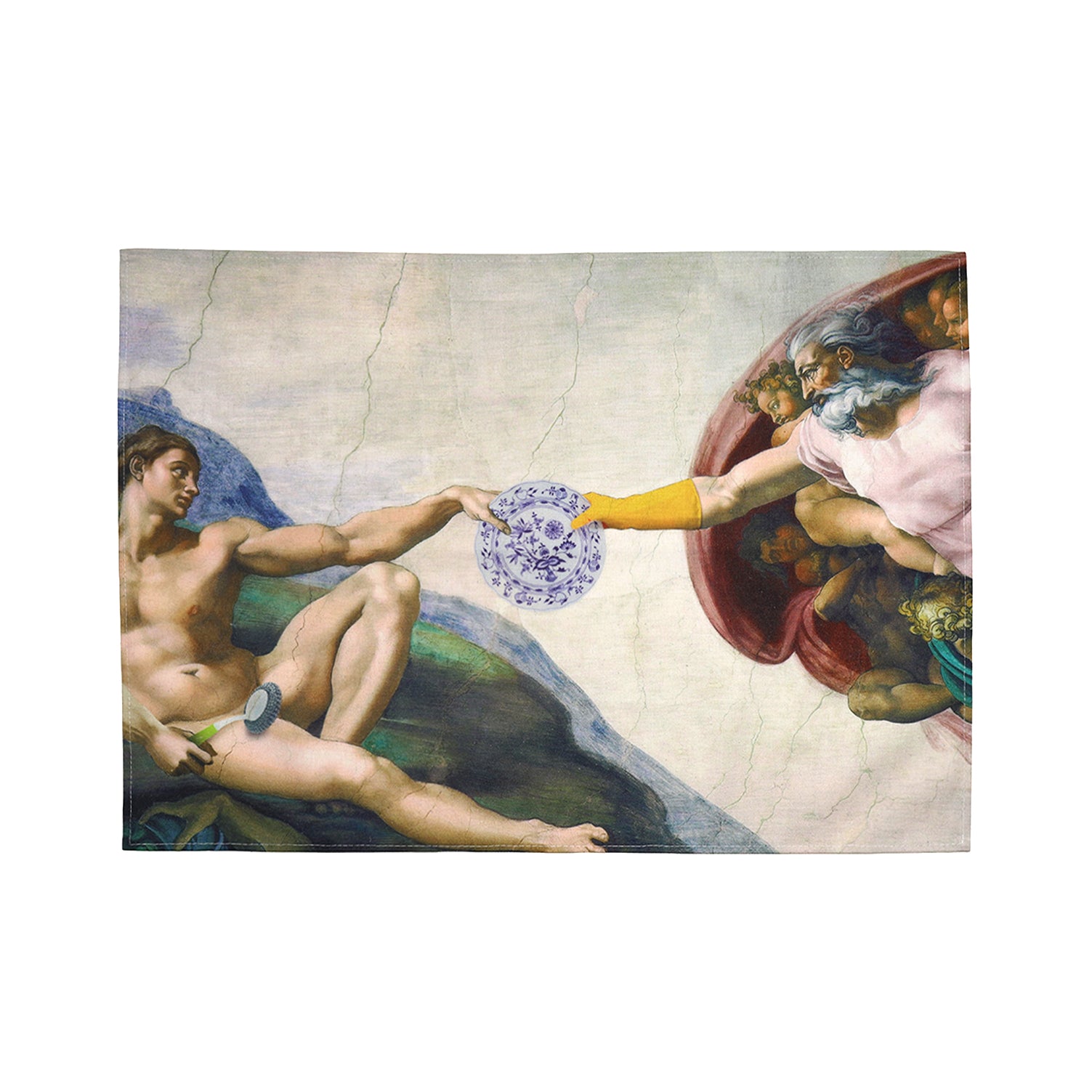 Theedoek De Schepping van Bubbels — humoristische variant op Michelangelo’s fresco.