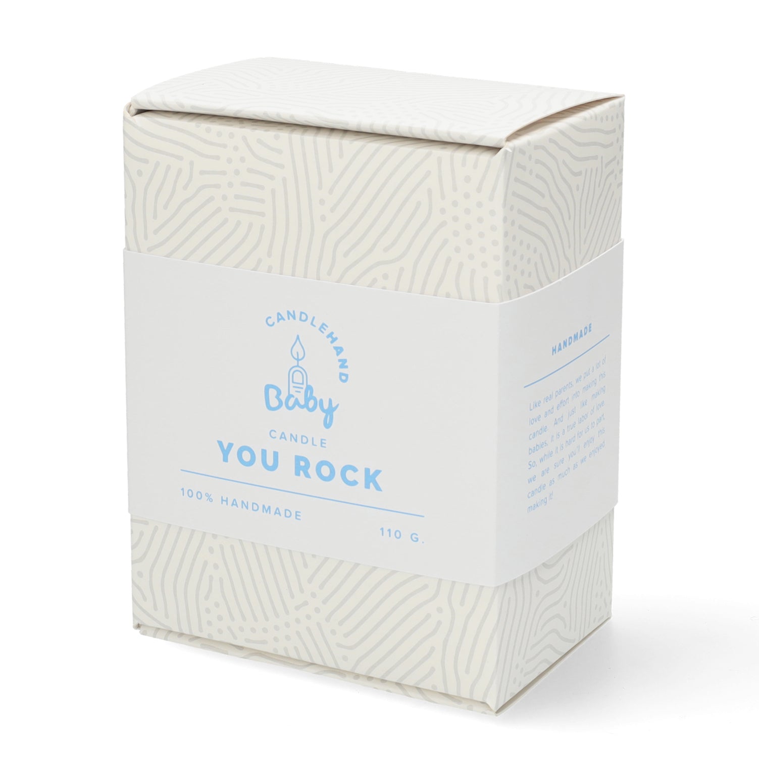 Unieke babyhand rock horns kaars — ludiek cadeau voor housewarming of kraamvisite.