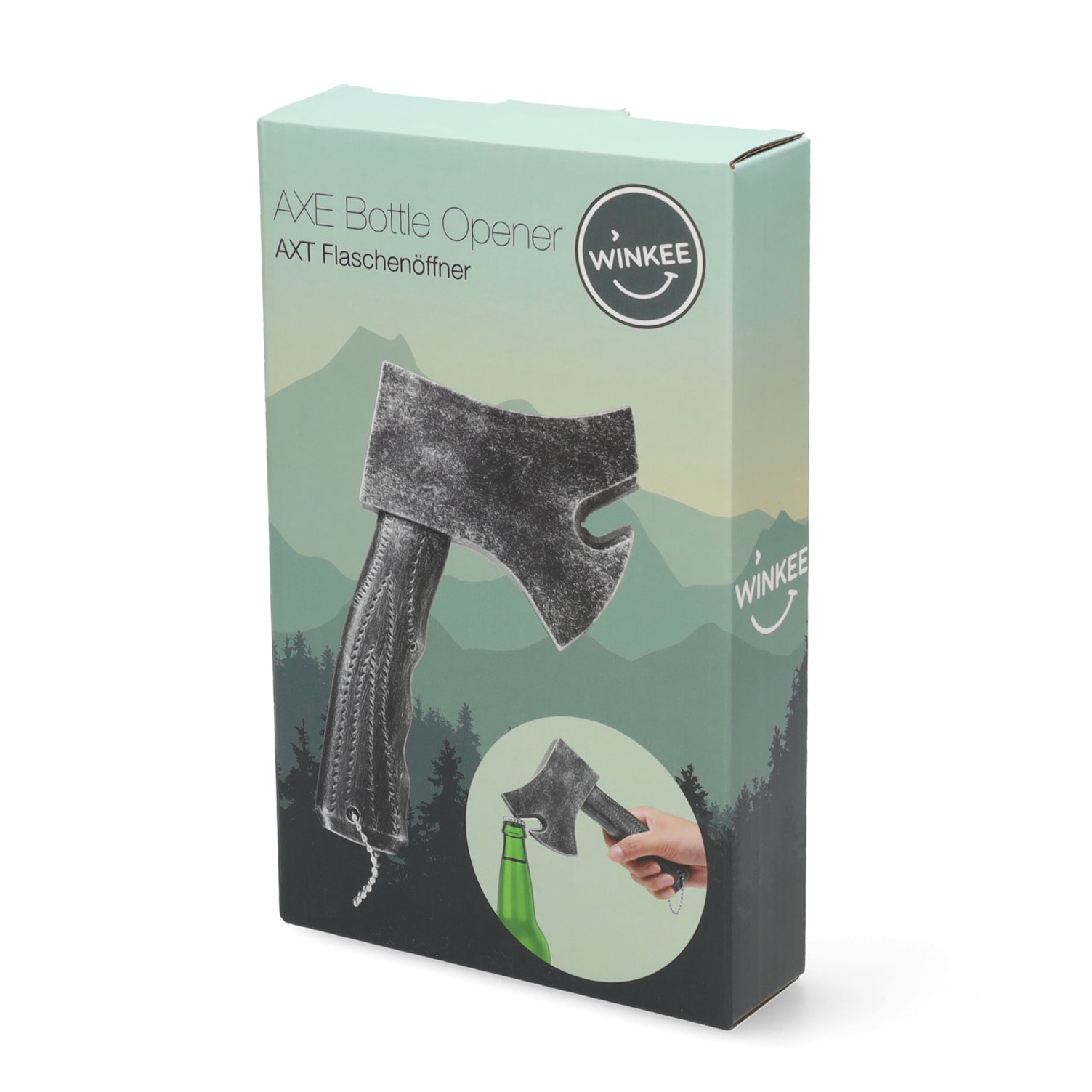 Verpakkingsfoto hakbijl flesopener in doos cadeauverpakking - perfect voor mancave en bar cadeaus