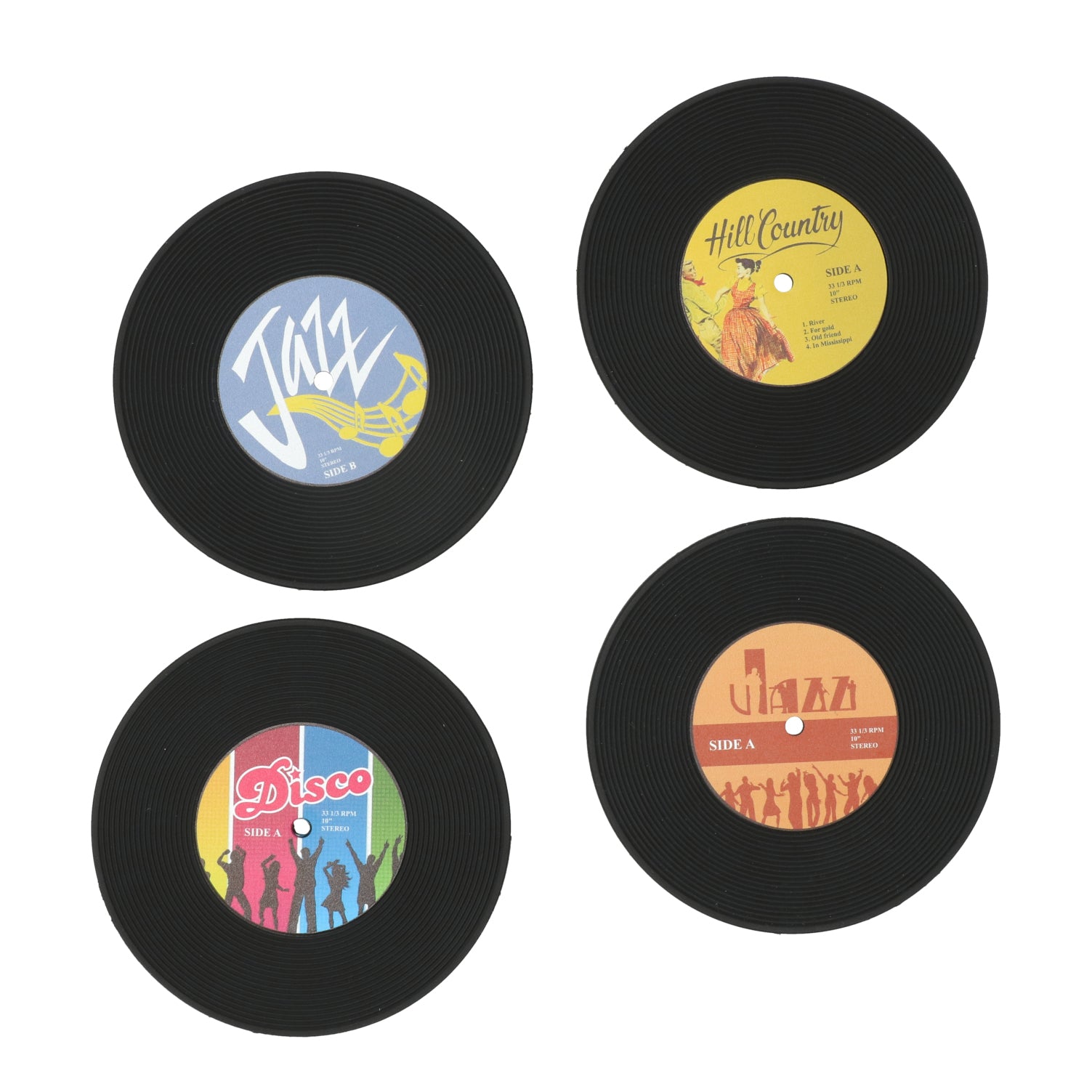 Vinyl onderzettersset van 4 rubber LP vormige coasters - retro cadeau voor vinyl liefhebbers.